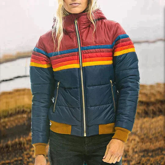 Amanda | Women's Retro Rainbow Striped Puffer Jacket