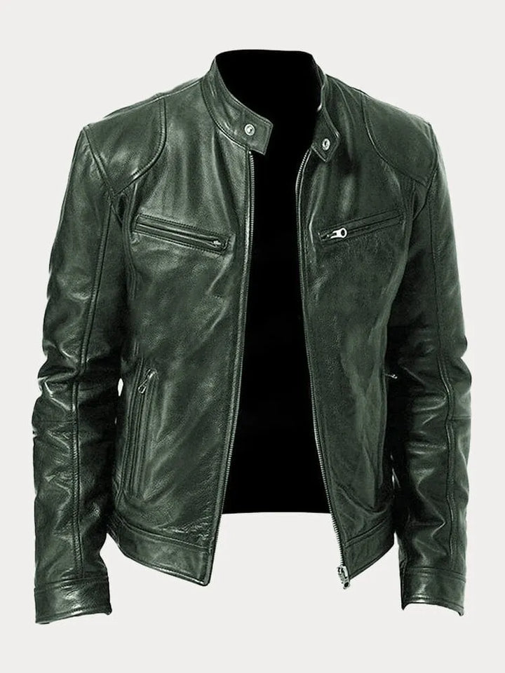 Arvid | Men's Leather Jacket with Stand Collar and Zippers | Timeless