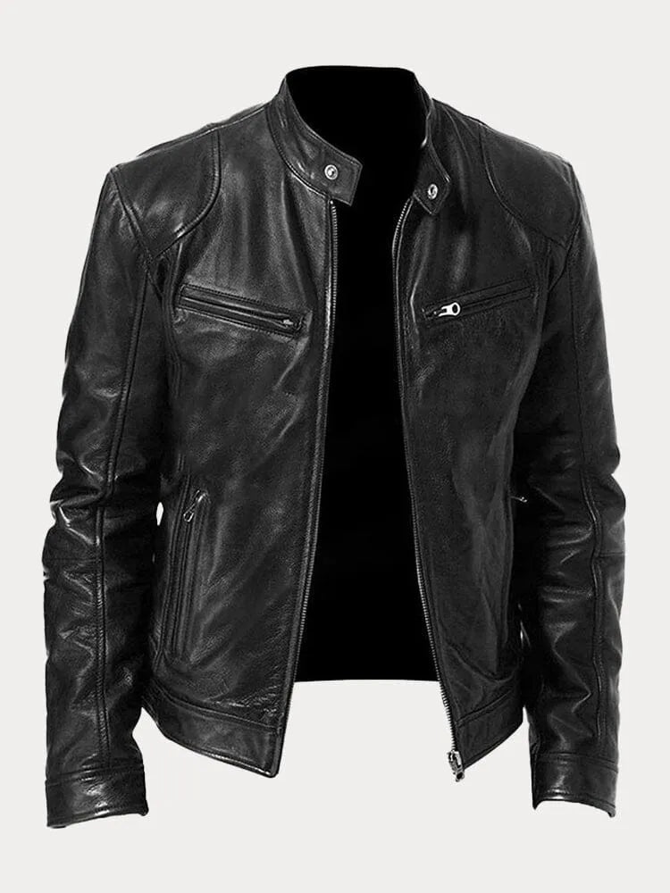 Arvid | Men's Leather Jacket with Stand Collar and Zippers | Timeless