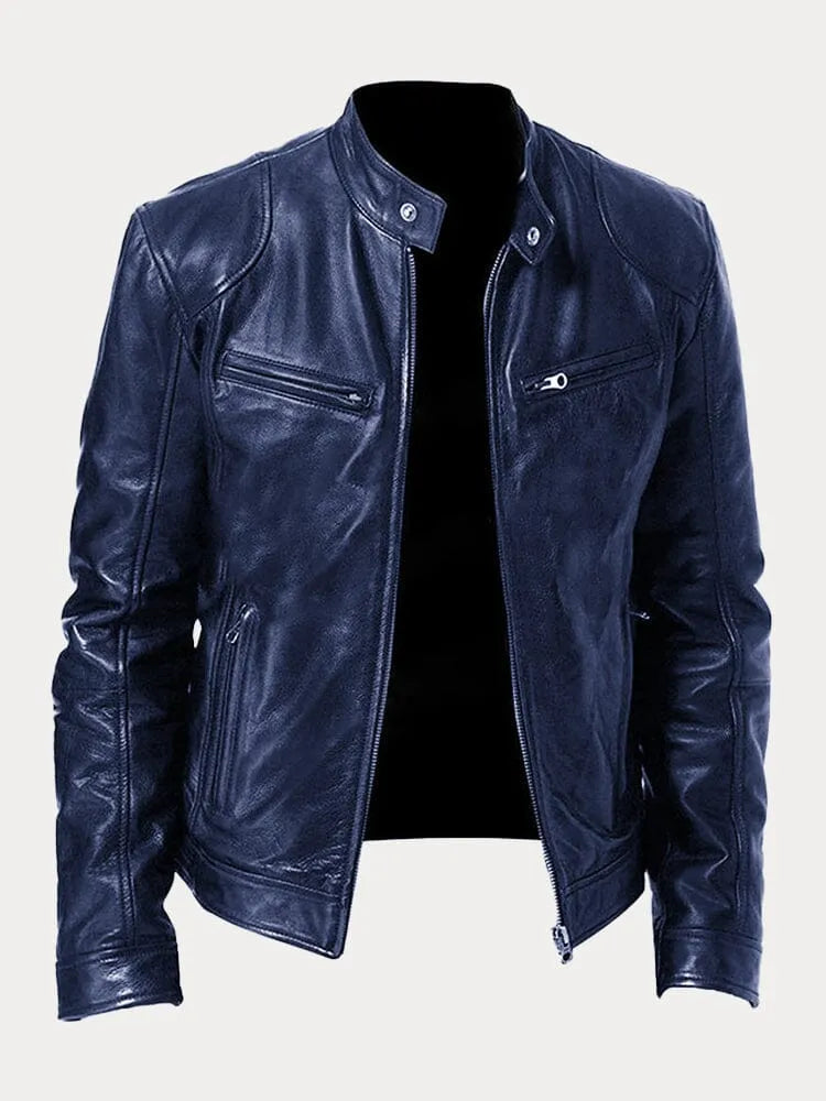 Arvid | Men's Leather Jacket with Stand Collar and Zippers | Timeless