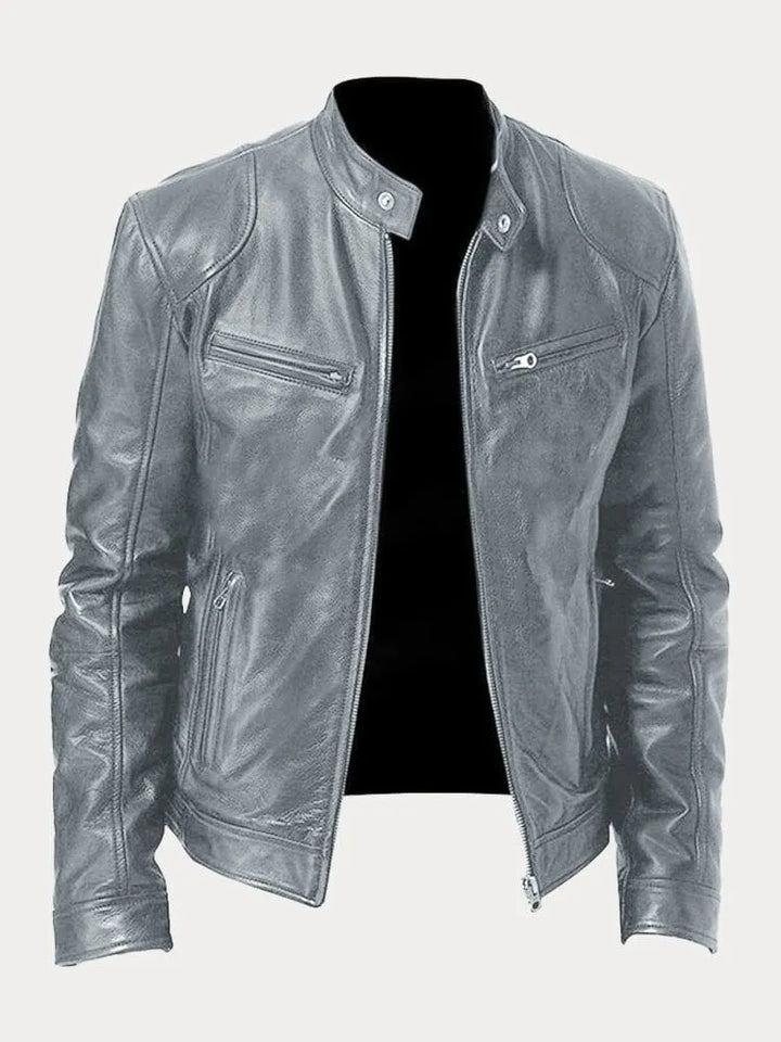 Arvid | Men's Leather Jacket with Stand Collar and Zippers | Timeless