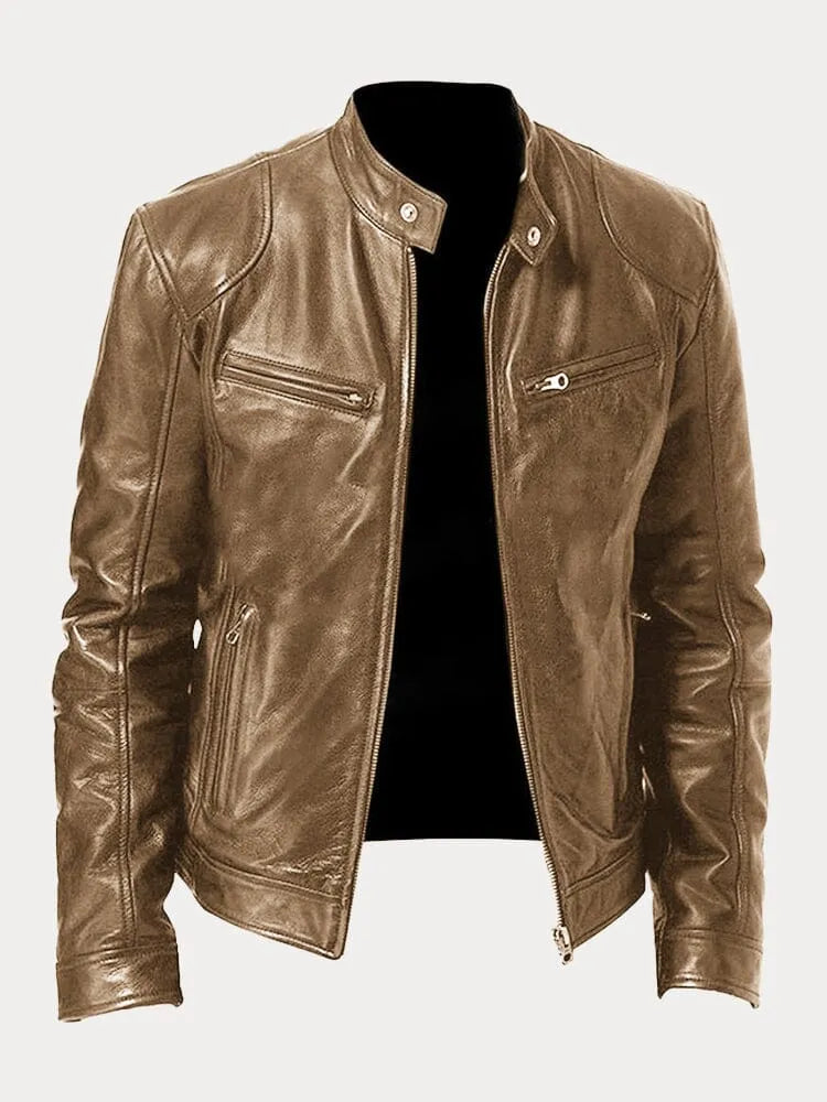 Arvid | Men's Leather Jacket with Stand Collar and Zippers | Timeless