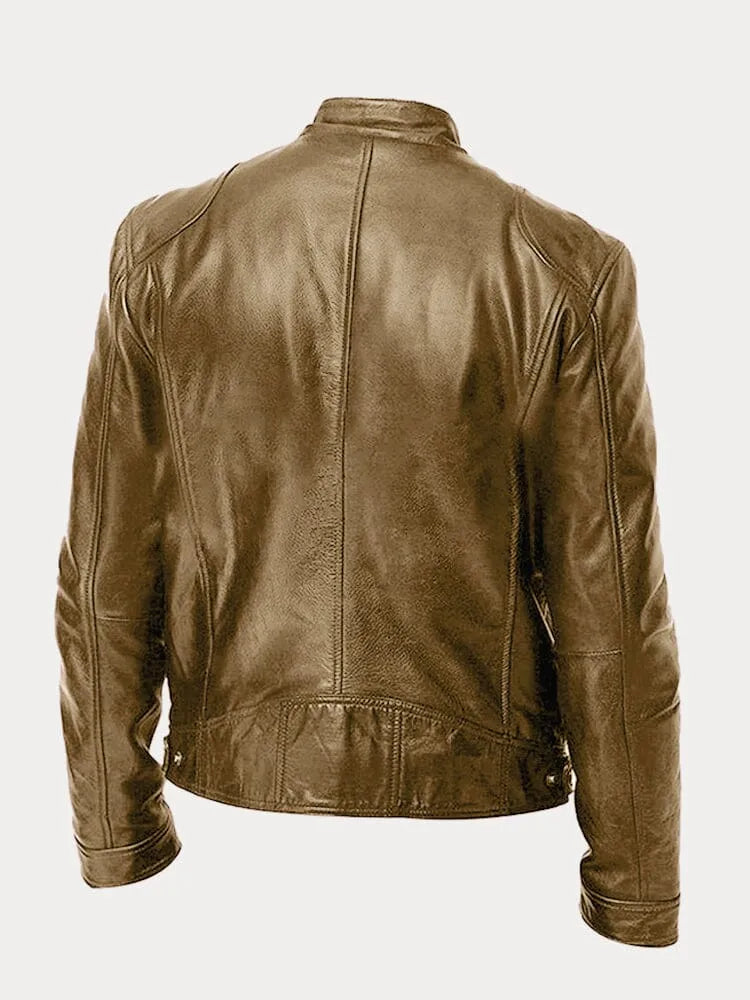 Arvid | Men's Leather Jacket with Stand Collar and Zippers | Timeless