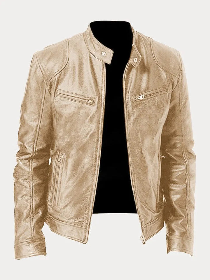 Arvid | Men's Leather Jacket with Stand Collar and Zippers | Timeless