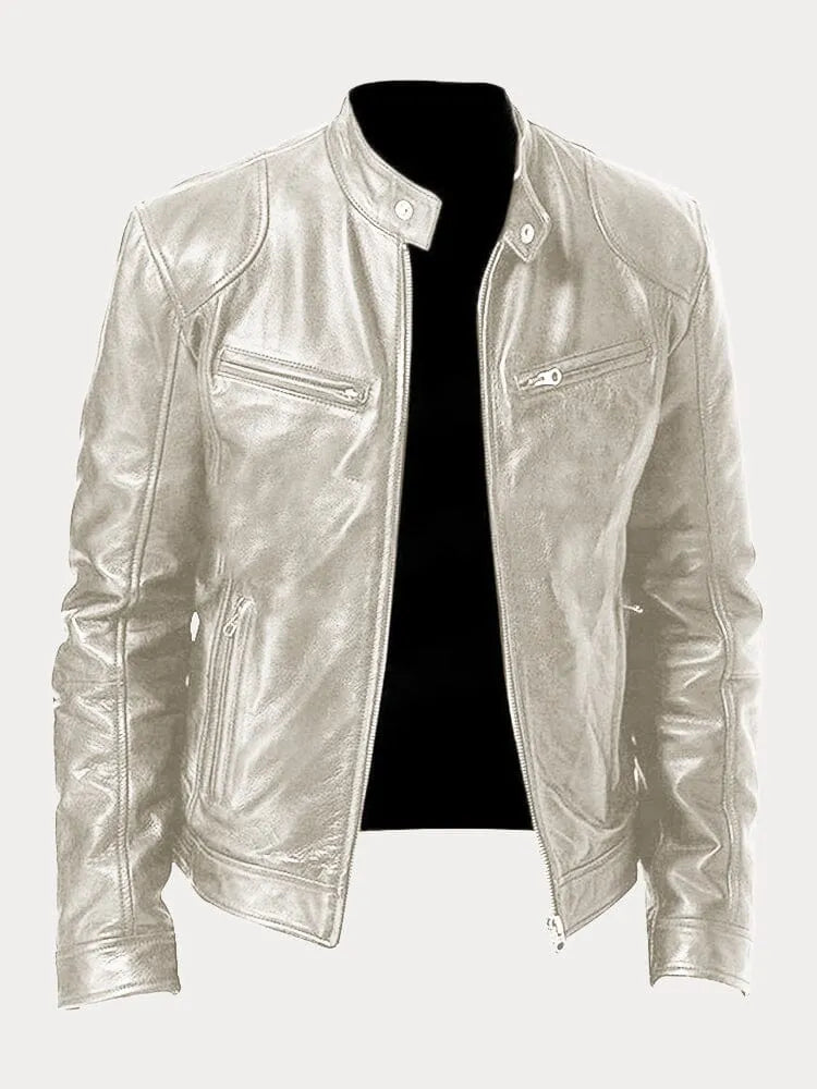 Arvid | Men's Leather Jacket with Stand Collar and Zippers | Timeless