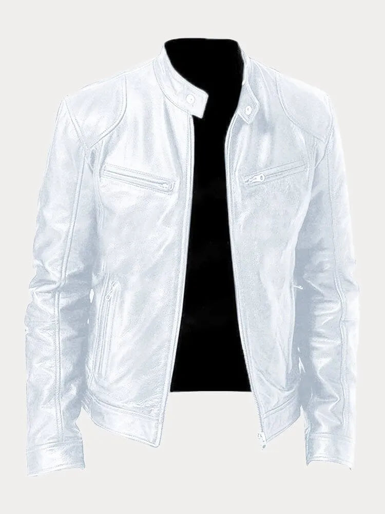 Arvid | Men's Leather Jacket with Stand Collar and Zippers | Timeless